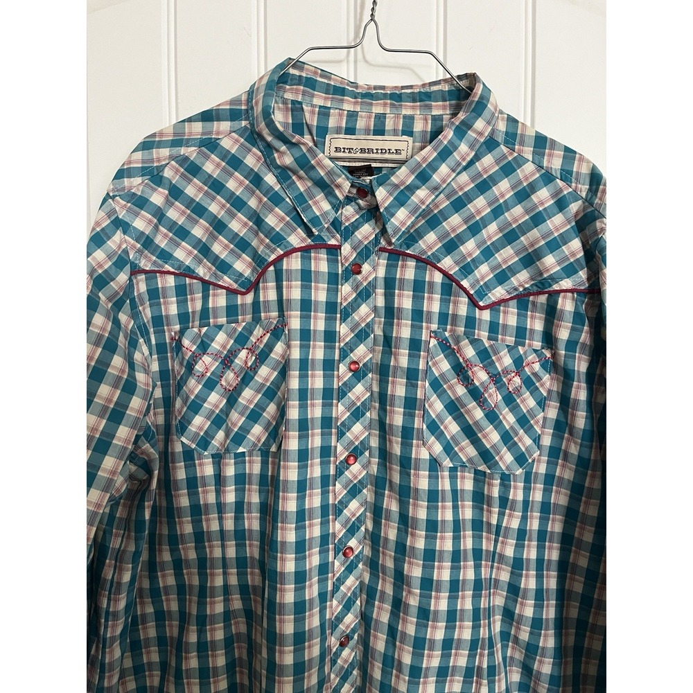 Bit & Bridle Womens 2X Teal Plaid Western Horse Rodeo Pearl Snap Shirt 709